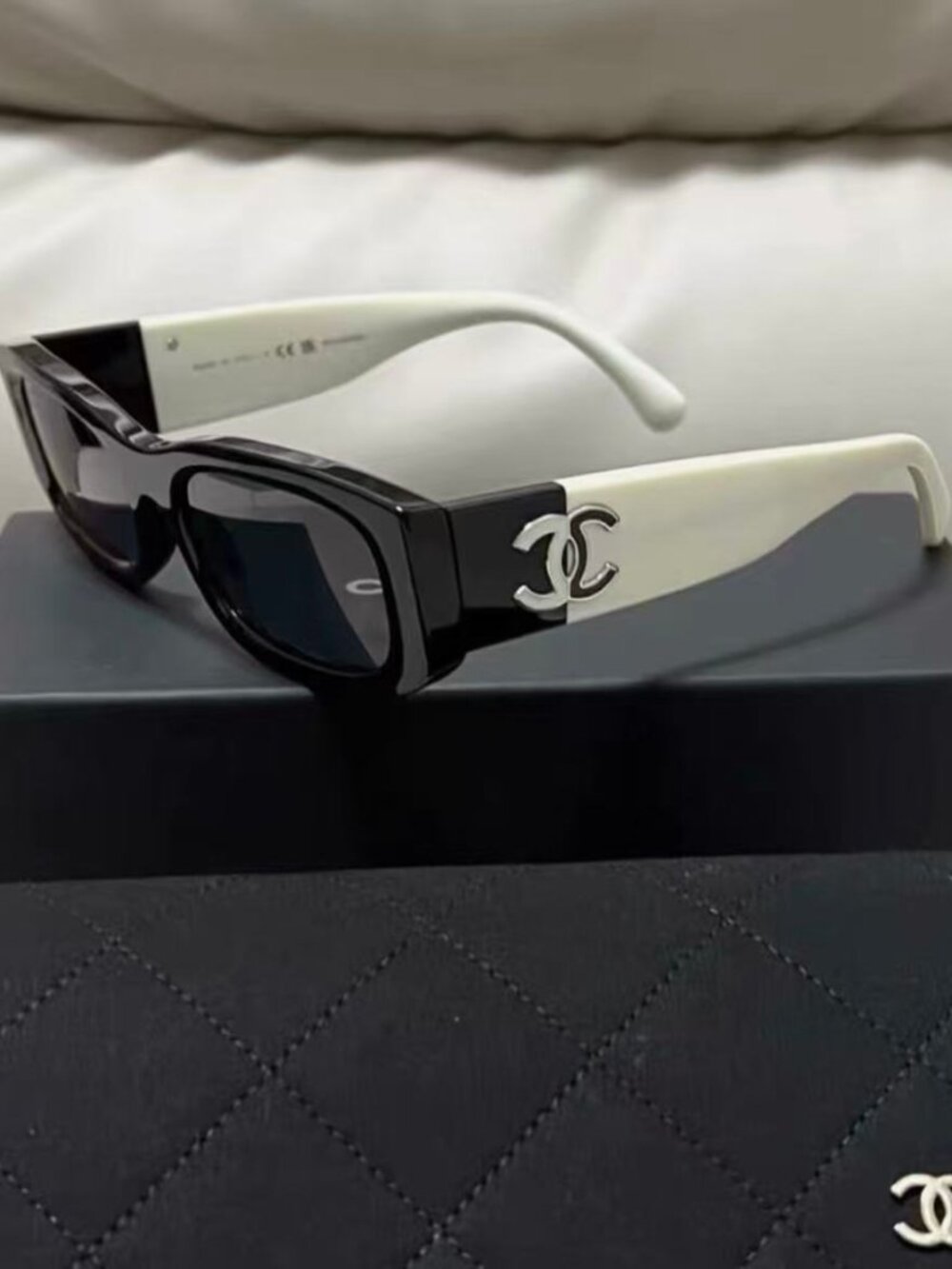 Chanel Black White Two‑Tone Rectangle Sunglasses Silver CC Logo